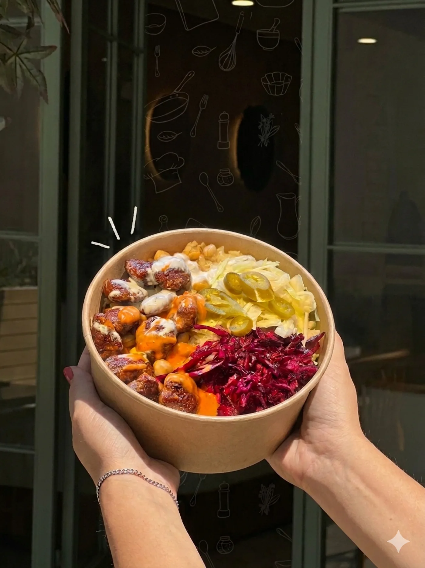 Zwei Hände halten eine Bowl mit Köfte, Salat und Jalapeños vor dem Schaufenster von ReisLab