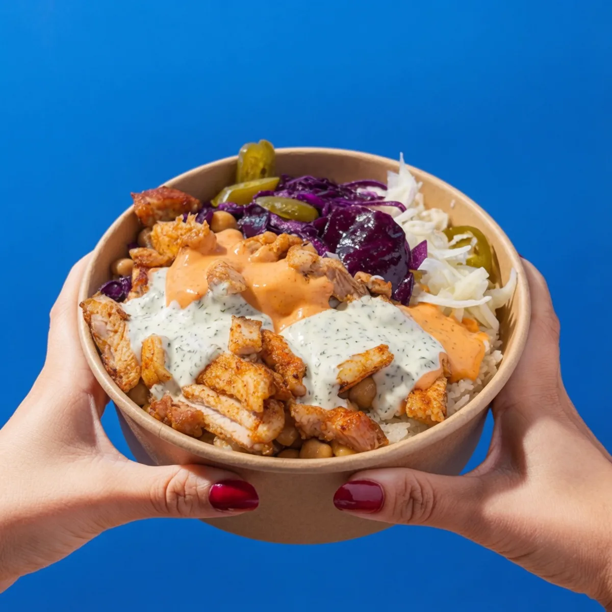 Chicken Rice Bowl im Kraft-Karton, in zwei Händen gehalten vor blauem Hintergrund — Reis, gebratenes Hähnchen, Rotkohl, Krautsalat, Kichererbsen, Jalapeños und zwei Saucen
